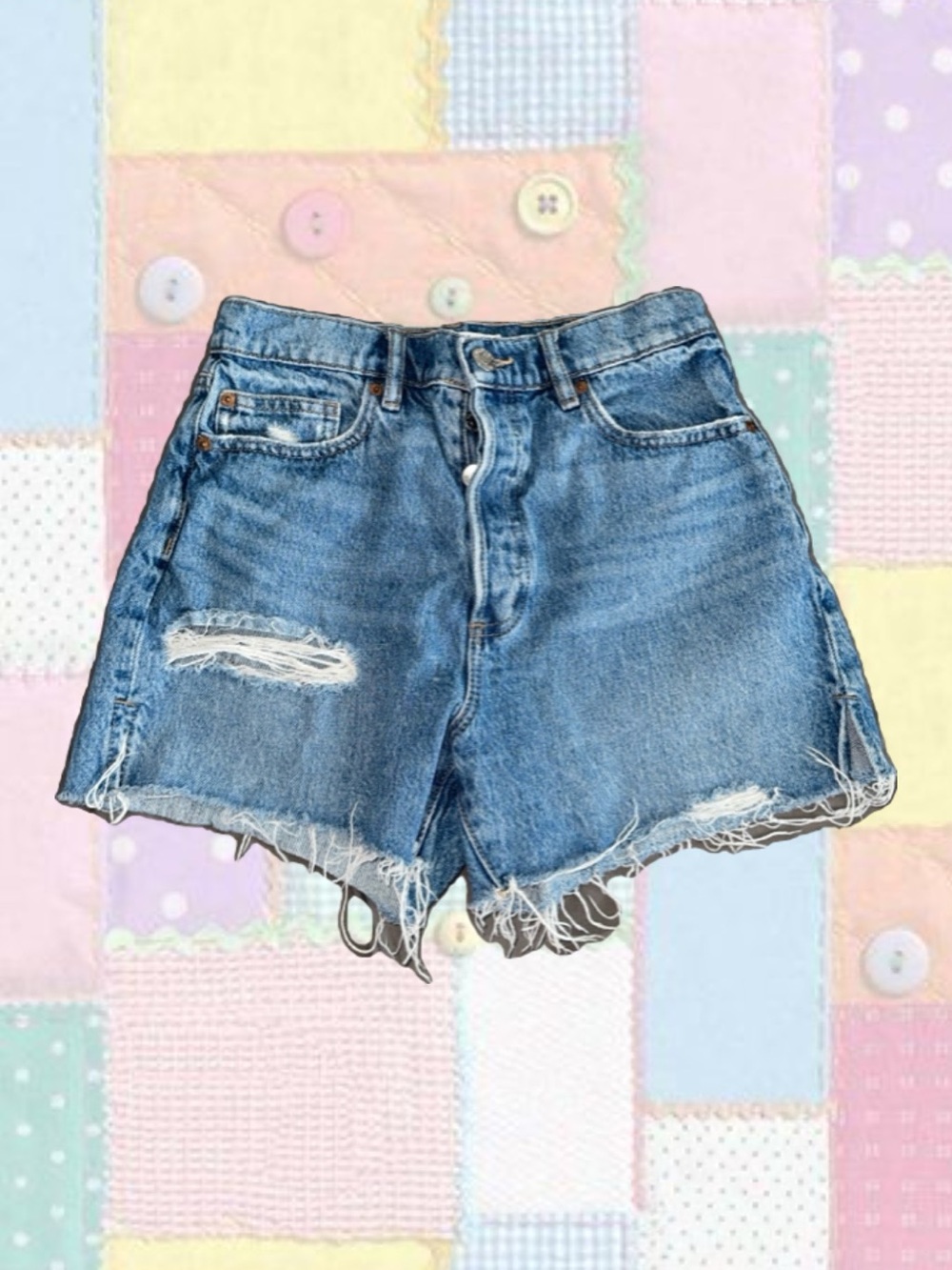 Garage Medium Blue Distressed Mid-Rise Denim Shorts